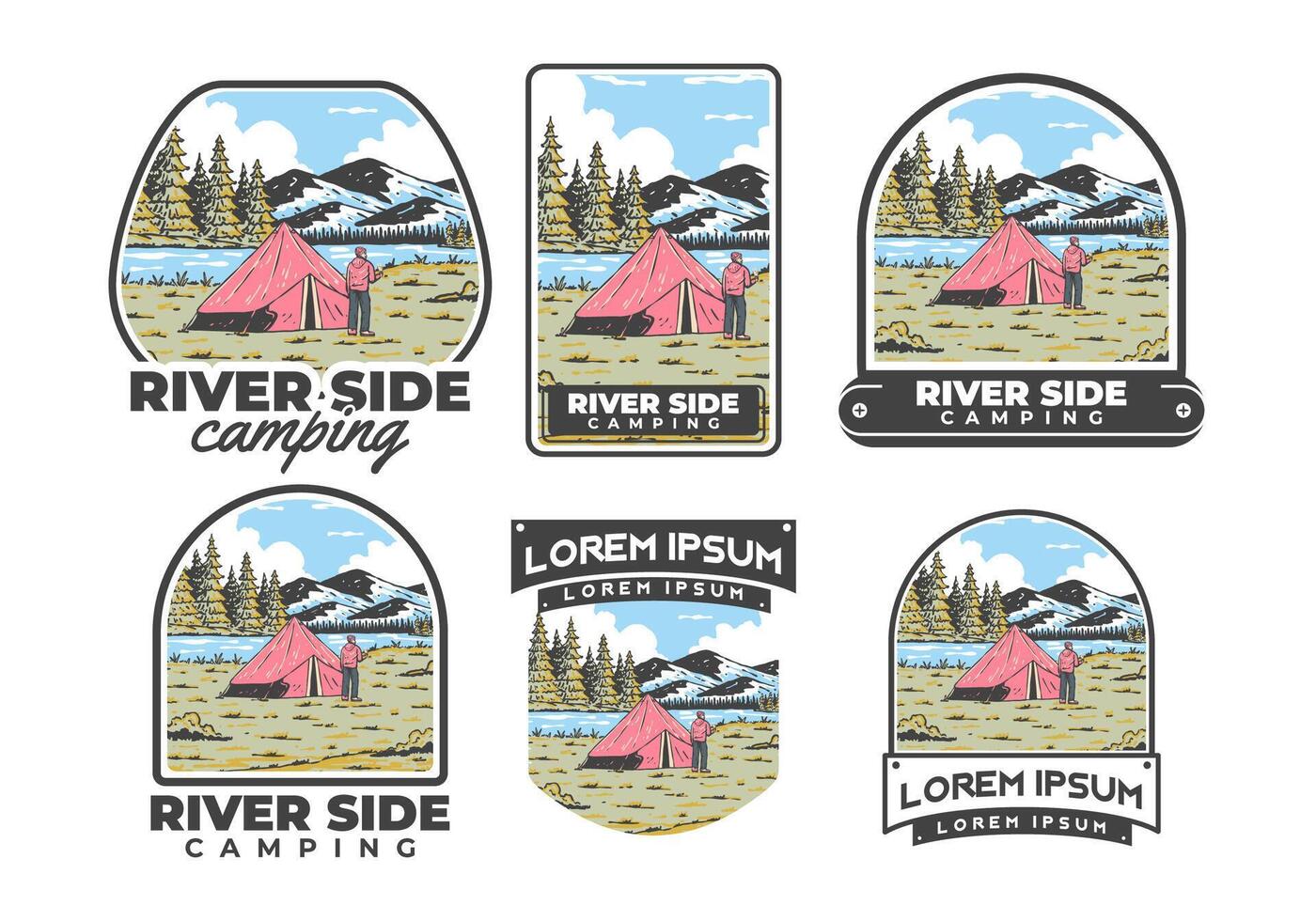 rivier- kant camping. wijnoogst buitenshuis illustratie insigne vector