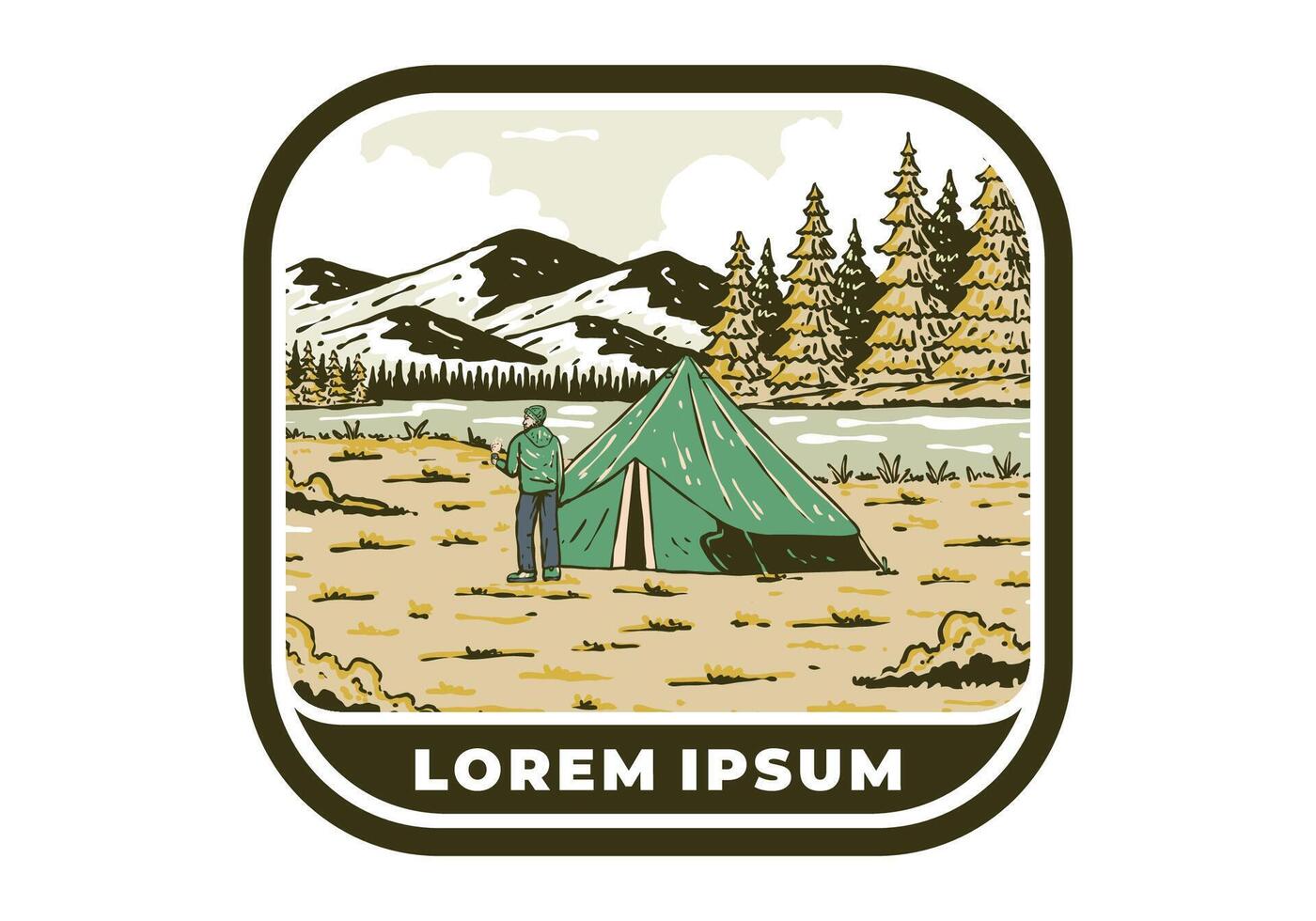 rivier- kant camping. wijnoogst buitenshuis illustratie insigne vector