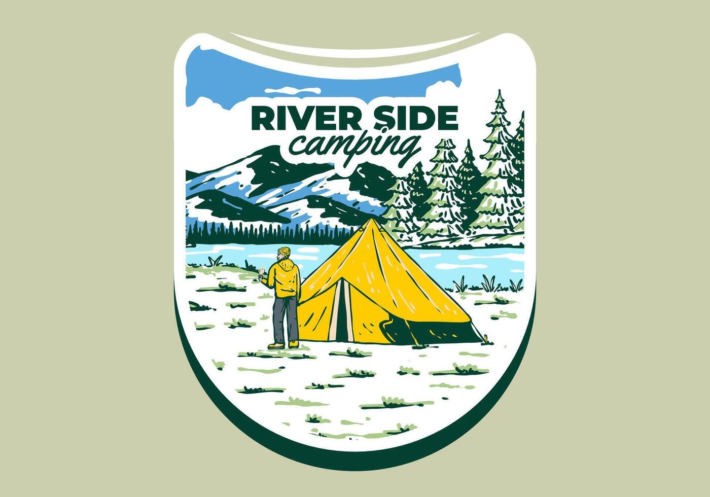 rivier- kant camping. wijnoogst buitenshuis illustratie insigne vector