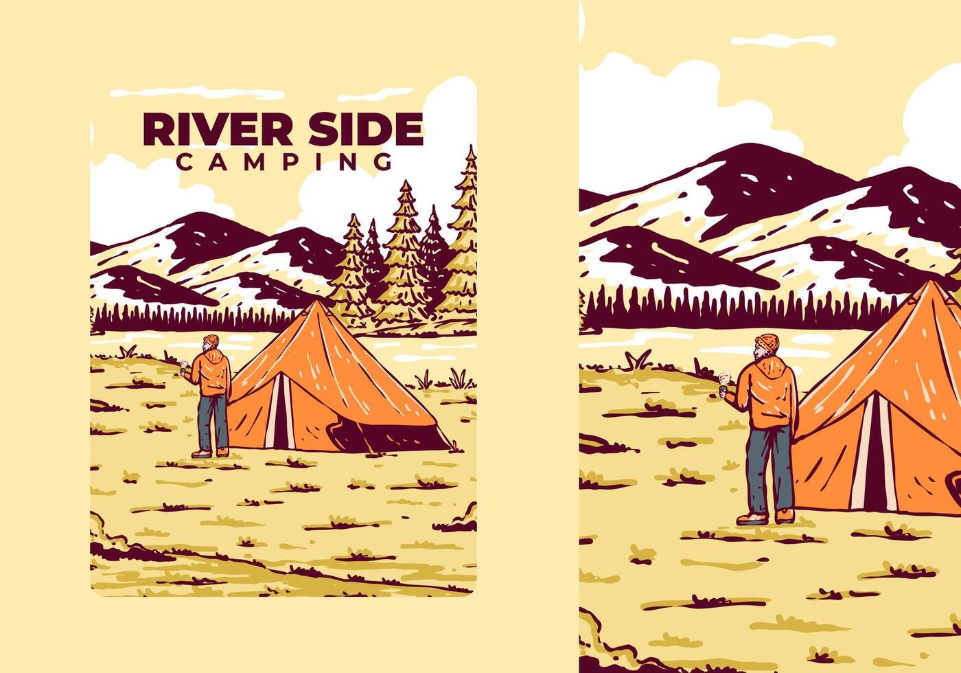 rivier- kant camping. wijnoogst buitenshuis illustratie insigne vector