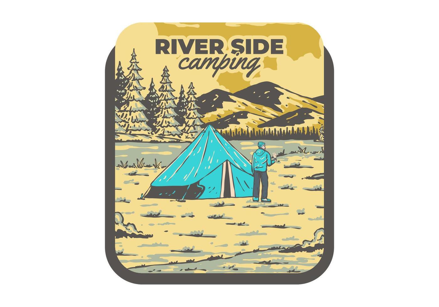 rivier- kant camping. wijnoogst buitenshuis illustratie insigne vector