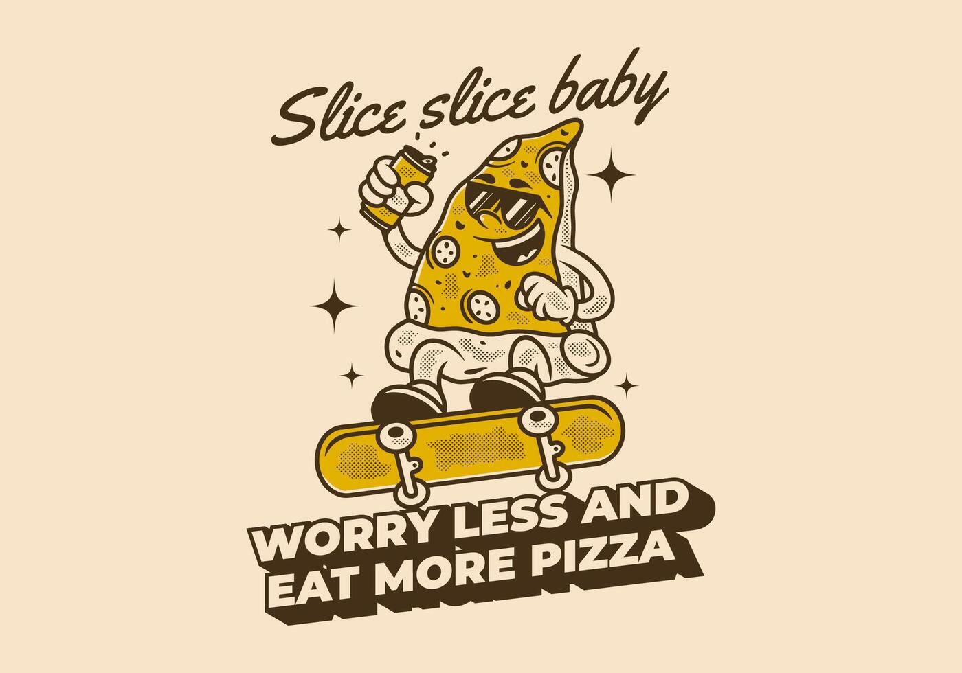 zich zorgen maken minder en eten meer pizza. retro illustratie van pizza karakter jumping Aan skateboard vector