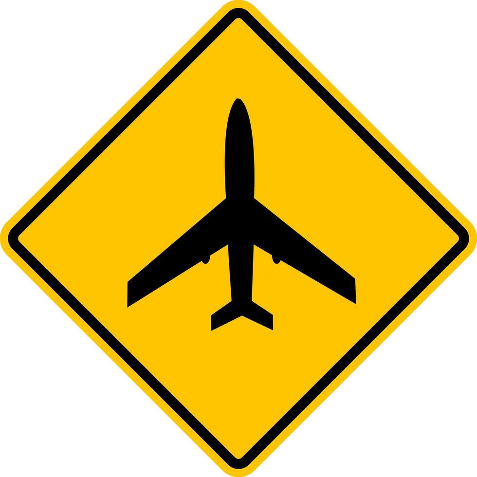 luchthaven teken. geel waarschuwing teken voor vliegtuig landen en uittrekken zone. laag vliegend vliegtuigen teken. ruit weg teken. diamant weg teken. vector
