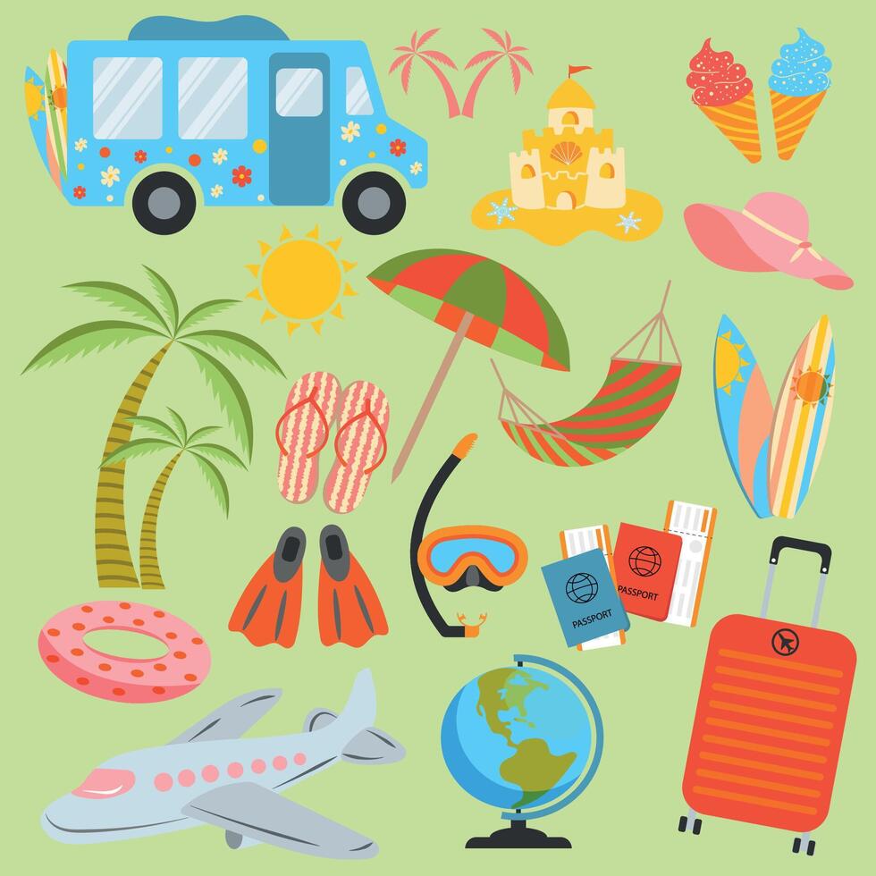 zomer set, accessoires strand, paraplu, surfplank, ijs room, slippers, kaartjes, vlak, hangmat, masker, snorkel, koffer, wereldbol, palm boom, zon, minibus vector