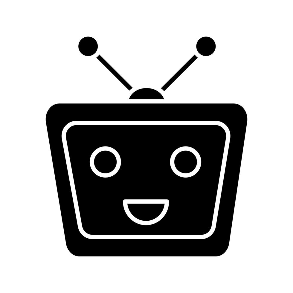 chatbot glyph-pictogram. silhouet symbool. praatrobot. moderne robot. tv lachen chatbot. virtuele assistent. gesprekspartner. negatieve ruimte. vector geïsoleerde illustratie