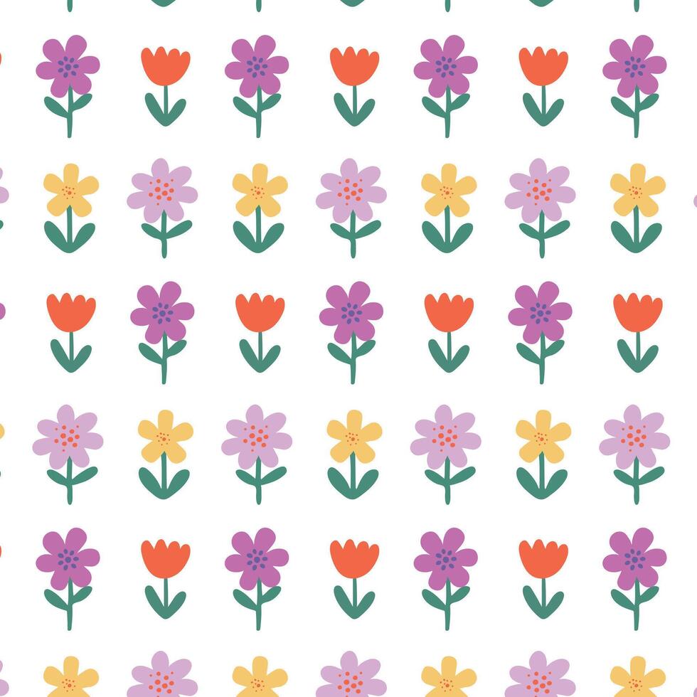 voorjaar bloemen regelmatig naadloos patroon. kleurrijk bloem herhaling Aan wit achtergrond. schattig kinderachtig natuur ontwerp in tekenfilm vlak stijl voor omslag, afdrukken. vector