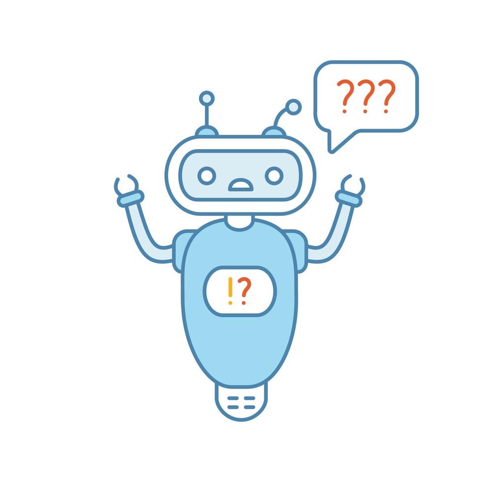 help chatbot kleur icoon. veelgestelde vragen chatbot. verbijsterde robot met vraagtekens in tekstballon. geïsoleerde vectorillustratie vector