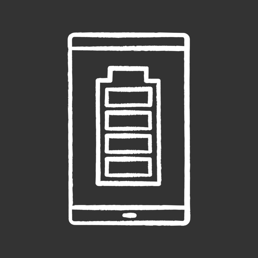 volledig opgeladen smartphone batterij krijt icoon. mobiele telefoon opladen voltooid. batterijniveau-indicator. geïsoleerde vector schoolbord illustraties