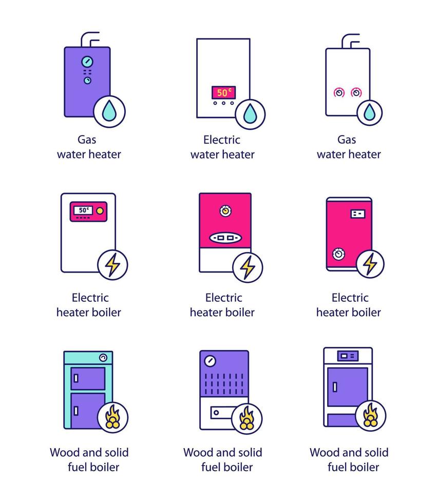 verwarming kleur pictogrammen instellen. gas, elektrisch, vaste brandstof, boilers en boiler. commerciële, industriële en huishoudelijke centrale verwarmingssystemen. geïsoleerde vectorillustraties vector