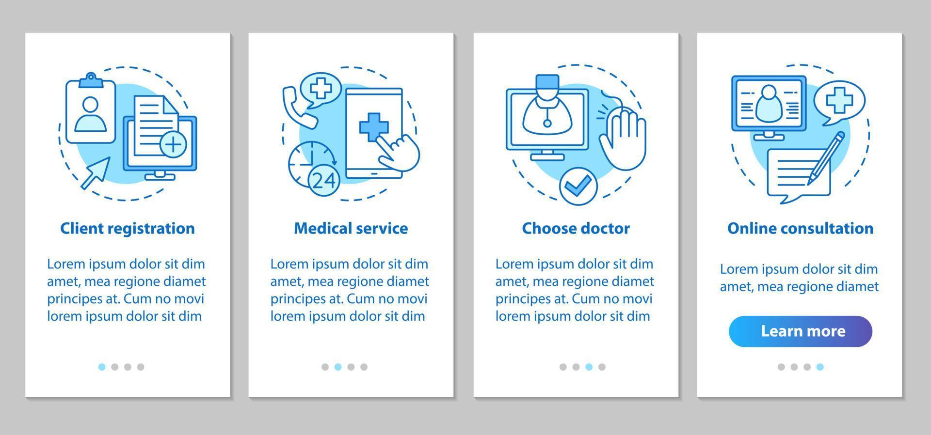 medische dienst onboarding mobiele app paginascherm met lineaire concepten. arts online consultaties stappen grafische instructies. medische afspraak. ux, ui, gui vectorsjabloon met illustraties vector