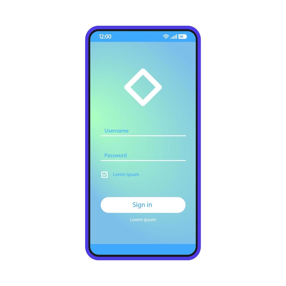 inloggen smartphone pagina vector sjabloon. mobiele app interface blauwe ontwerplay-out. login, aanmeldscherm. platte ui-applicatie. gebruikersregistratie, autorisatie. telefoondisplay met wachtwoord en gebruikersnaam