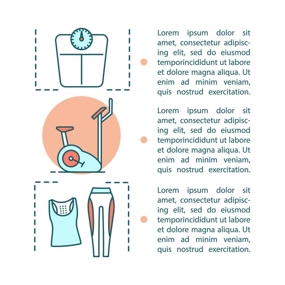 fitness artikel pagina vector sjabloon. gezonde levensstijl. lichamelijke activiteiten, oefeningen. training en gewichtsverlies. brochure, tijdschrift, boekje ontwerpelement met tekstvakken. print conceptontwerp