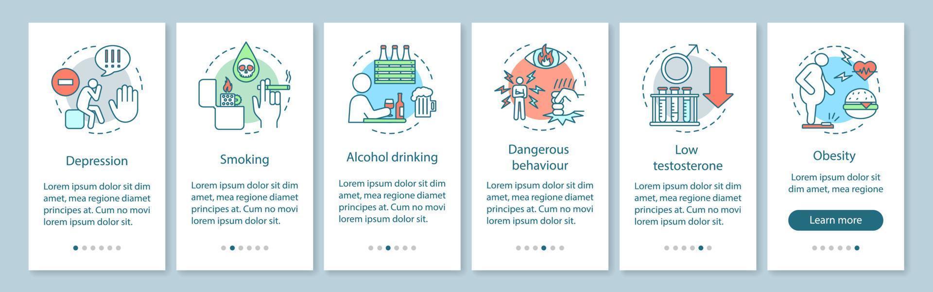 risicofactoren voor de gezondheid van mannen onboarding mobiele app-paginaschermvectorsjabloon. roken, overgewicht, alcohol. walkthrough website stappen met lineaire illustraties. ux, ui, gui smartphone-interfaceconcept vector