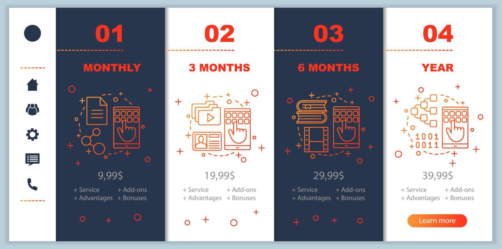 abonnementskosten voor cloudgegevensopslag onboarding mobiele app-schermen met serviceprijzen. walkthrough webpagina's sjablonen. bestandshostingservice. tariefplannen stappen. webpagina-indeling voor smartphonebetaling vector