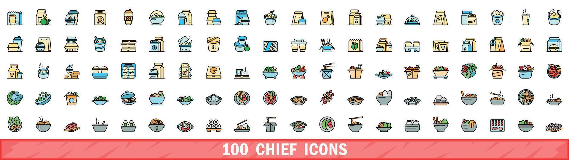 100 chef pictogrammen set, kleur lijn stijl vector