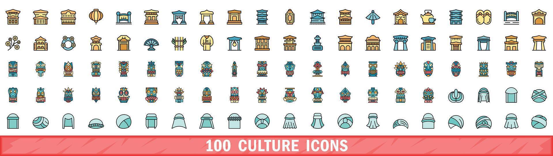 100 cultuur pictogrammen set, kleur lijn stijl vector