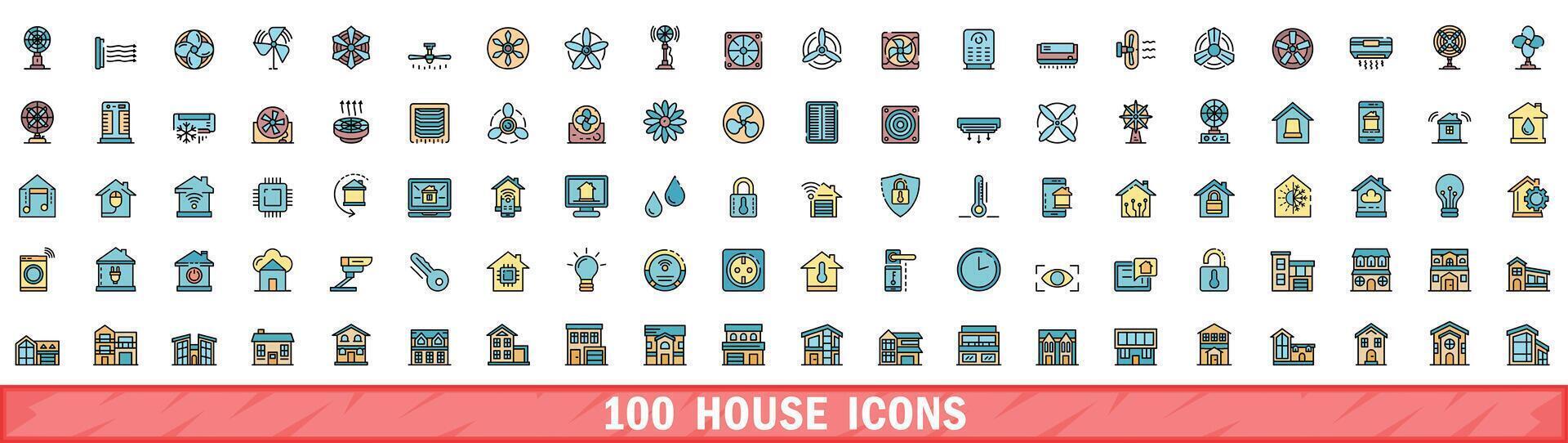 100 huis pictogrammen set, kleur lijn stijl vector
