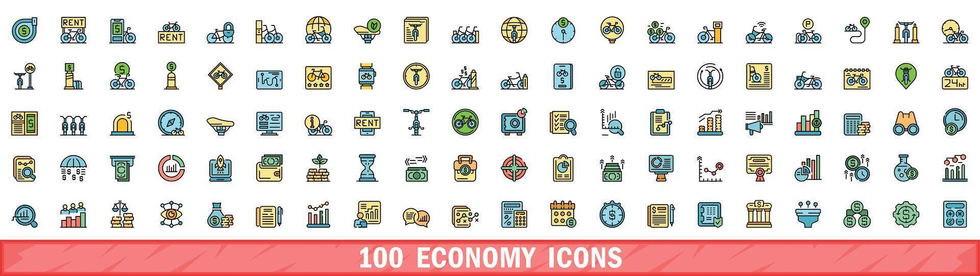100 economie pictogrammen set, kleur lijn stijl vector
