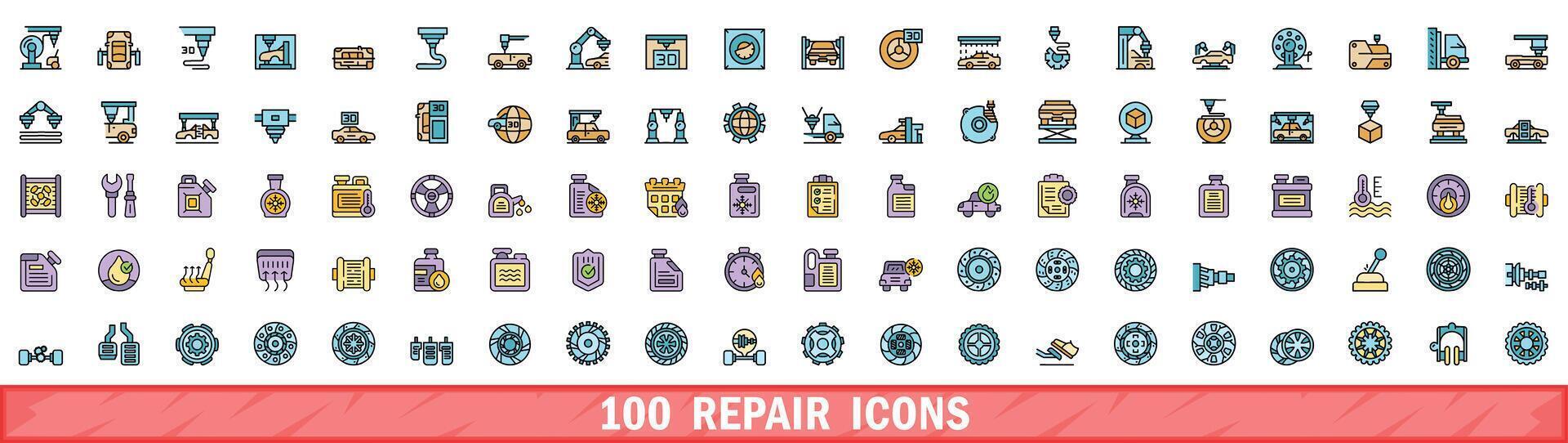 100 reparatie pictogrammen set, kleur lijn stijl vector