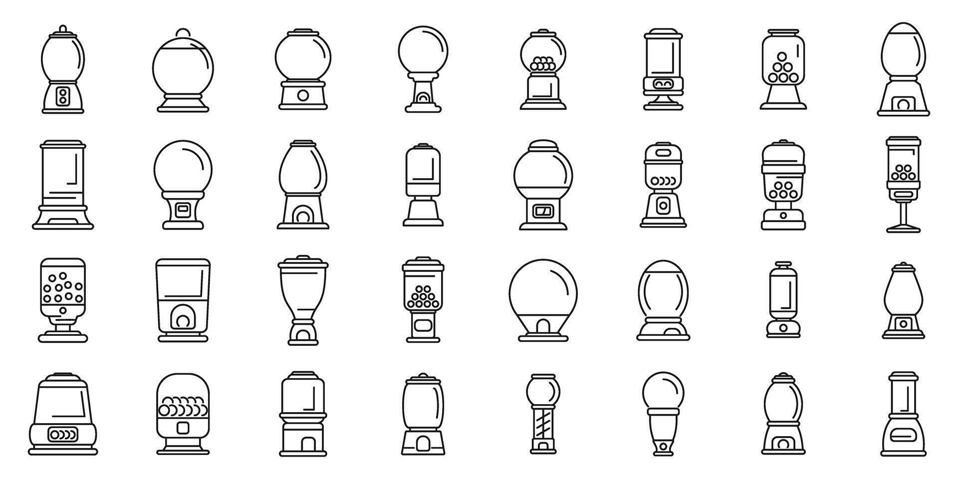 kauwgom machine pictogrammen reeks schets . verkoop speelgoed- vector