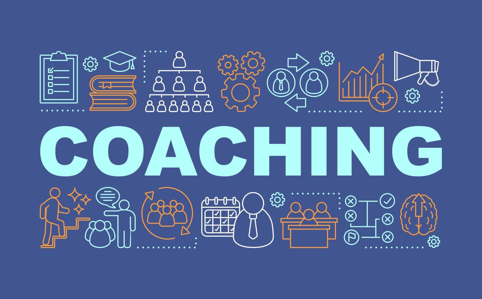 coaching woord concepten banner. interactieve opleiding. bedrijfsbeheer. Bedrijfsstrategie. geïsoleerde belettering typografie idee met lineaire pictogrammen. vector overzicht illustratie