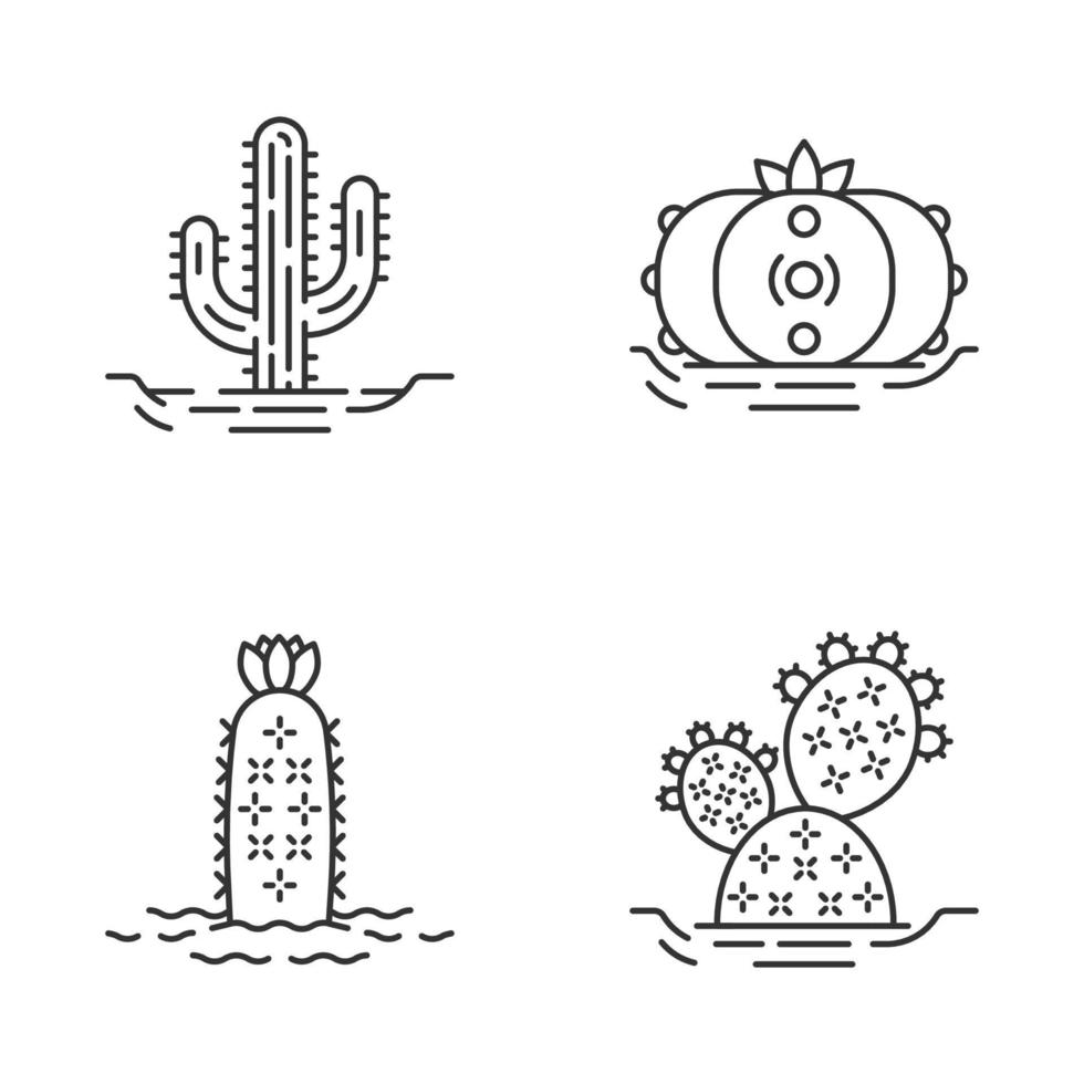 wilde cactussen in grond lineaire pictogrammen instellen. stekelige plant. groene vetplanten. saguaro, cactusvijg, peyote, egelcactus. dunne lijn contour symbolen. geïsoleerde vector overzicht pictogrammen. bewerkbare streek