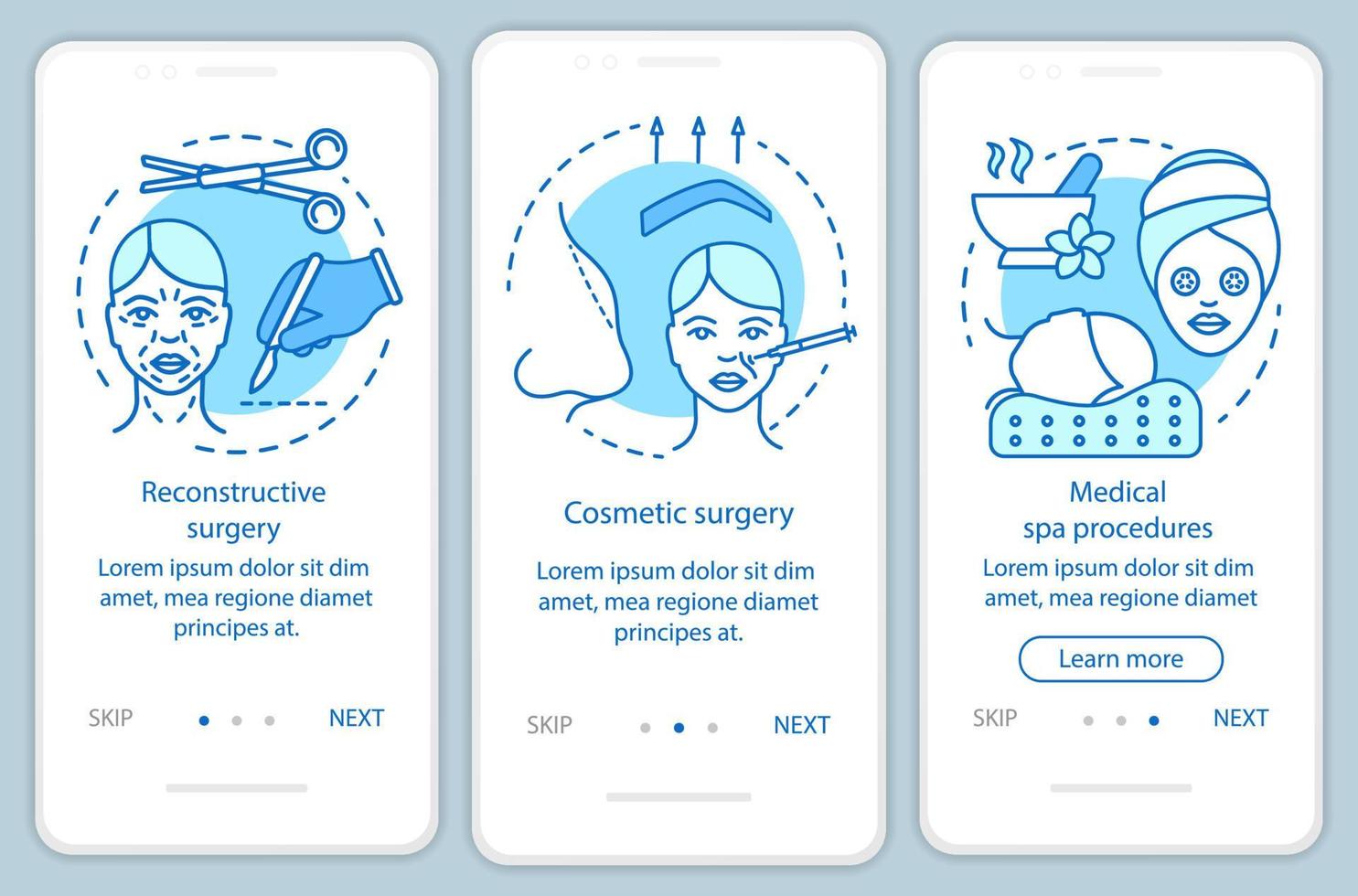 cosmetische chirurgie onboarding mobiele app paginascherm met lineaire concepten. reconstructieve chirurgie. drie walkthrough stappen grafische instructies. ux, ui, gui vectorsjabloon met illustraties vector