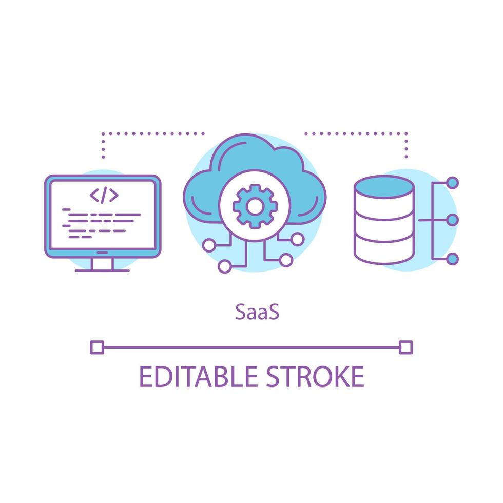 software als serviceconcept icoon. Saas idee dunne lijn illustratie. cloud computing. database server. opslag van webgegevens. vector geïsoleerde overzichtstekening. bewerkbare streek