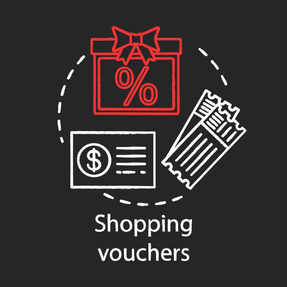 winkelen vouchers concept krijt icoon. idee voor verwijzingskortingsbonnen. speciale aanbieding, bonussen. kaartjes, geld, verkoop. vector geïsoleerde schoolbordillustratie