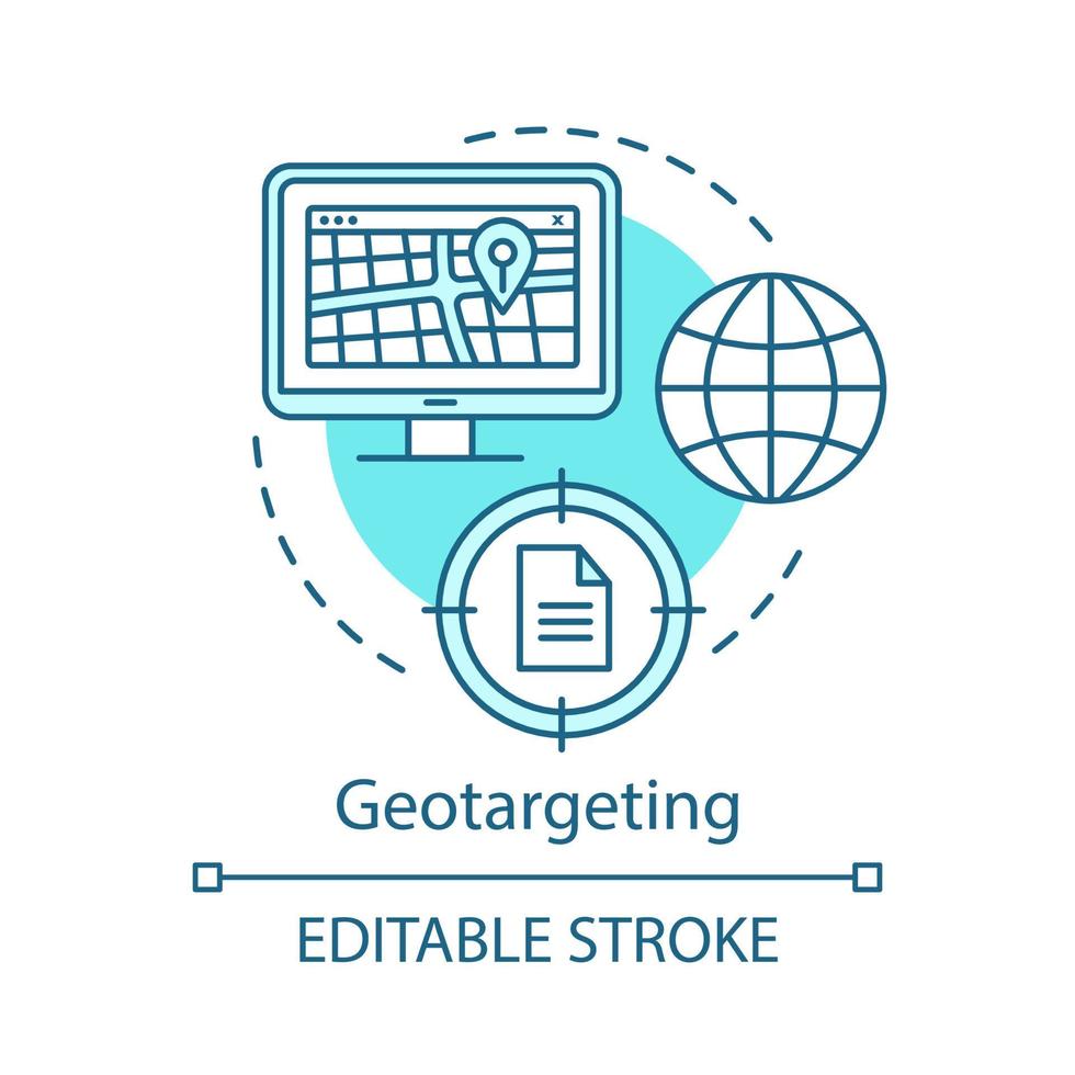 geotargeting turkoois concept icoon. geolocatie ranking, locatie marketing, gps navigatie idee dunne lijn illustratie. zoek optimalisatie vector geïsoleerde overzichtstekening. bewerkbare streek