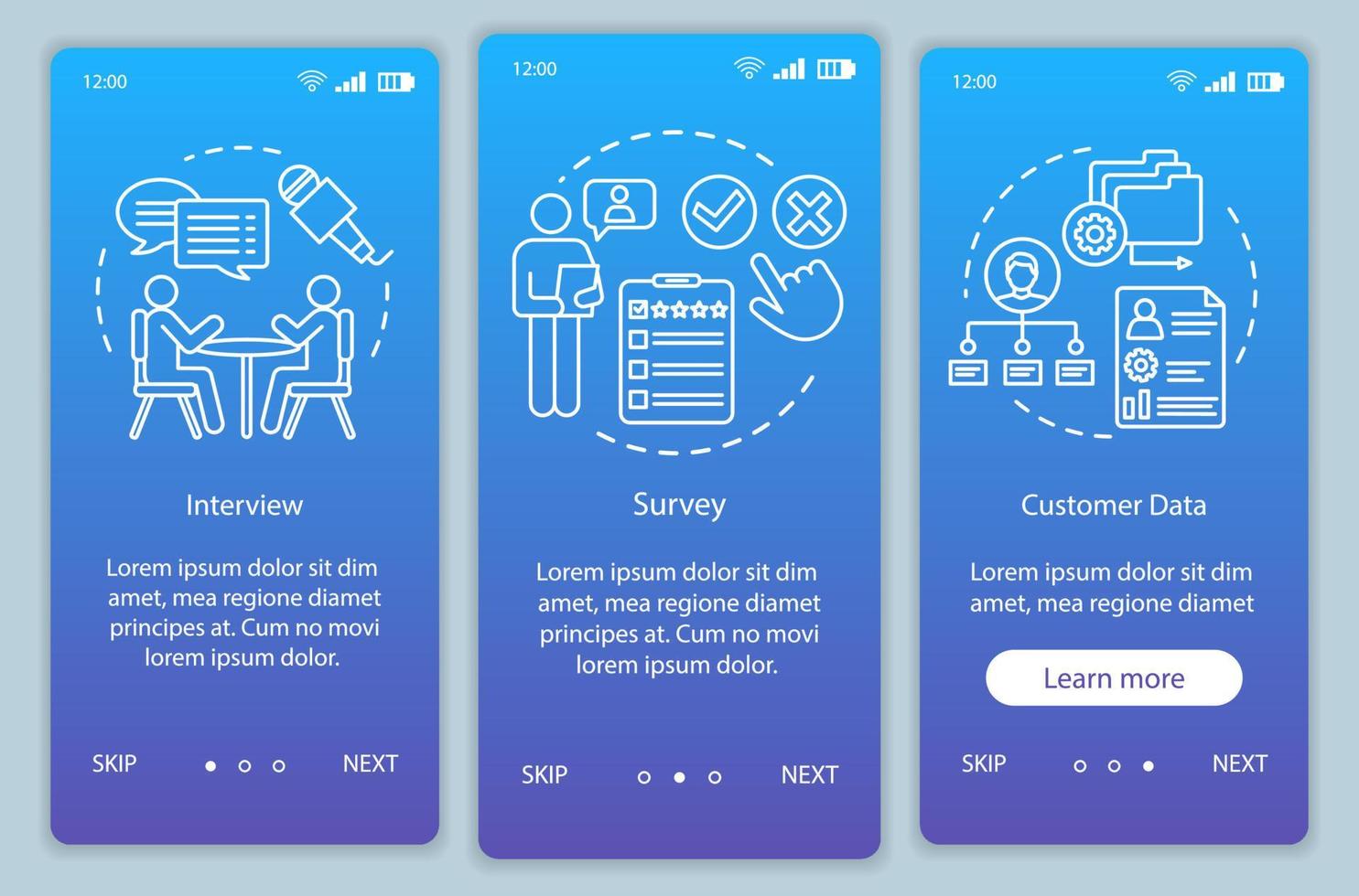 klanten profiel methoden blauwe gradiënt onboarding mobiele app pagina scherm vector sjabloon. walkthrough website stappen met lineaire illustraties. ux, ui, gui smartphone-interfaceconcept