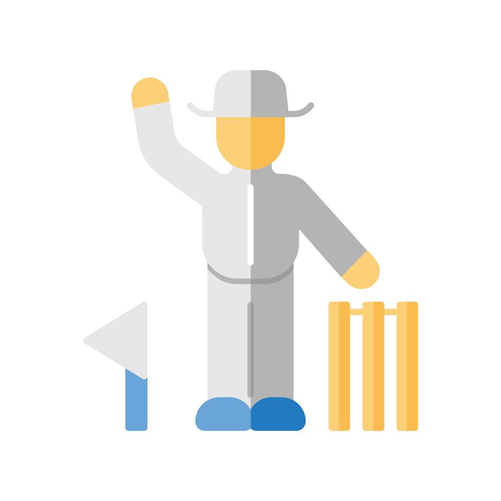 cricket rechter platte ontwerp lange schaduw kleur pictogram. scheidsrechter signaleert beslissing. arbiter volgt spel. man in uniform, vlag en wicket. buitensport activiteit. vector silhouet illustratie