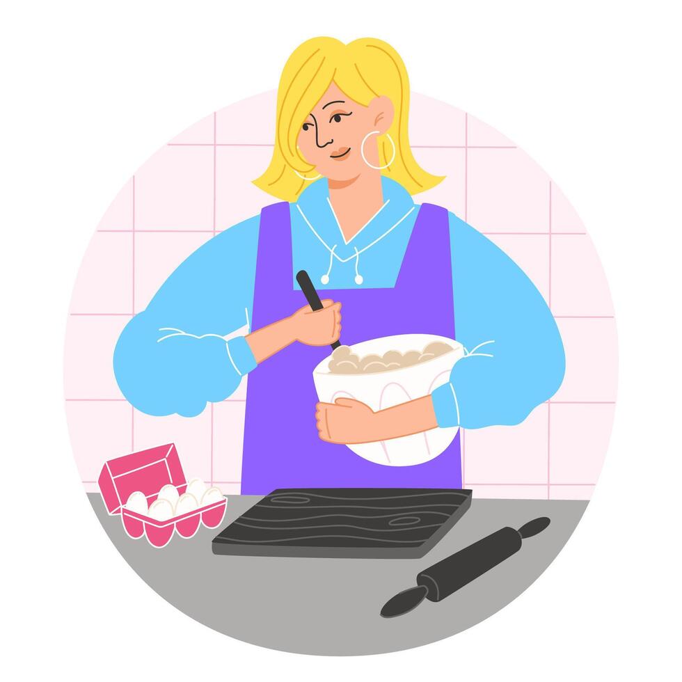 vrouw is voorbereidingen treffen gebakjes Bij huis in de keuken vector