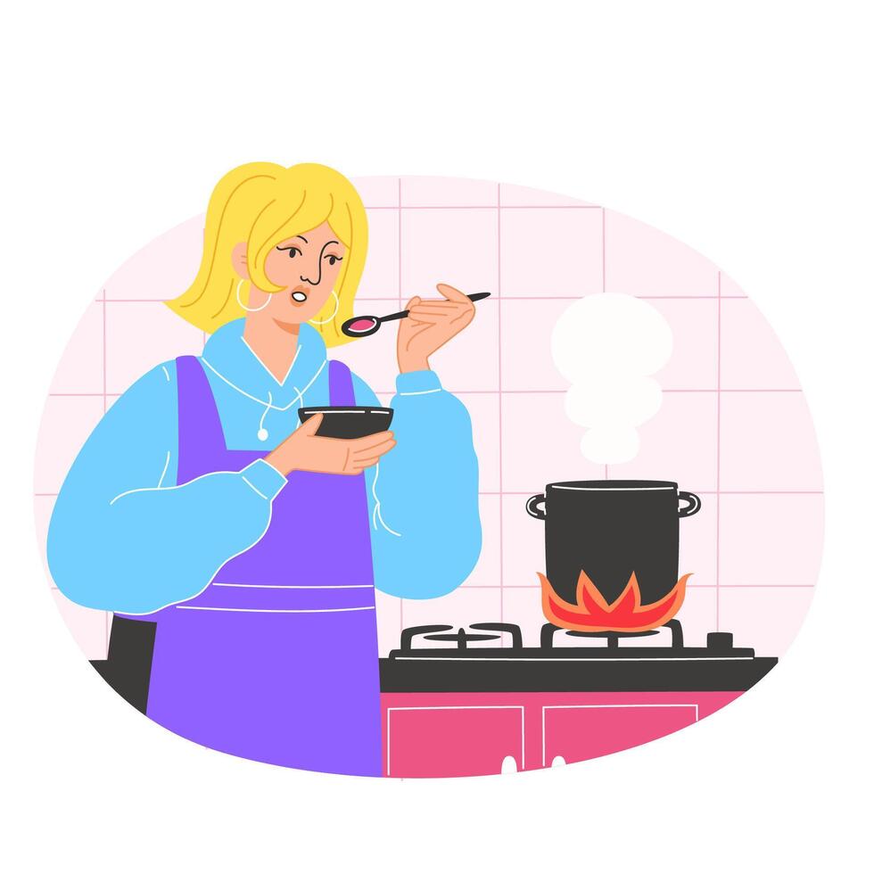 vrouw Koken soep in een knus keuken vector