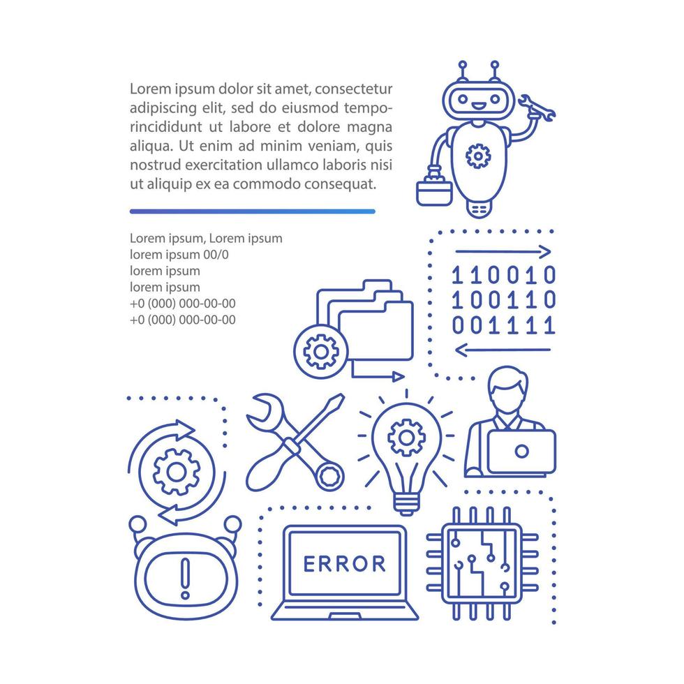 computer reparatie artikel pagina vector sjabloon. pc technicus service. brochure, tijdschrift, boekje ontwerpelement met lineaire pictogrammen en tekstvakken. print ontwerp. conceptillustraties met tekstruimte