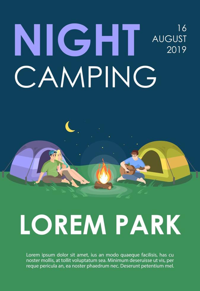 nacht camping brochure sjabloon. natuurrecreatie flyer, boekje, folder concept met platte illustraties. vectorpagina-indeling voor tijdschrift. outdoor avontuur reclame-uitnodiging met tekstruimte vector