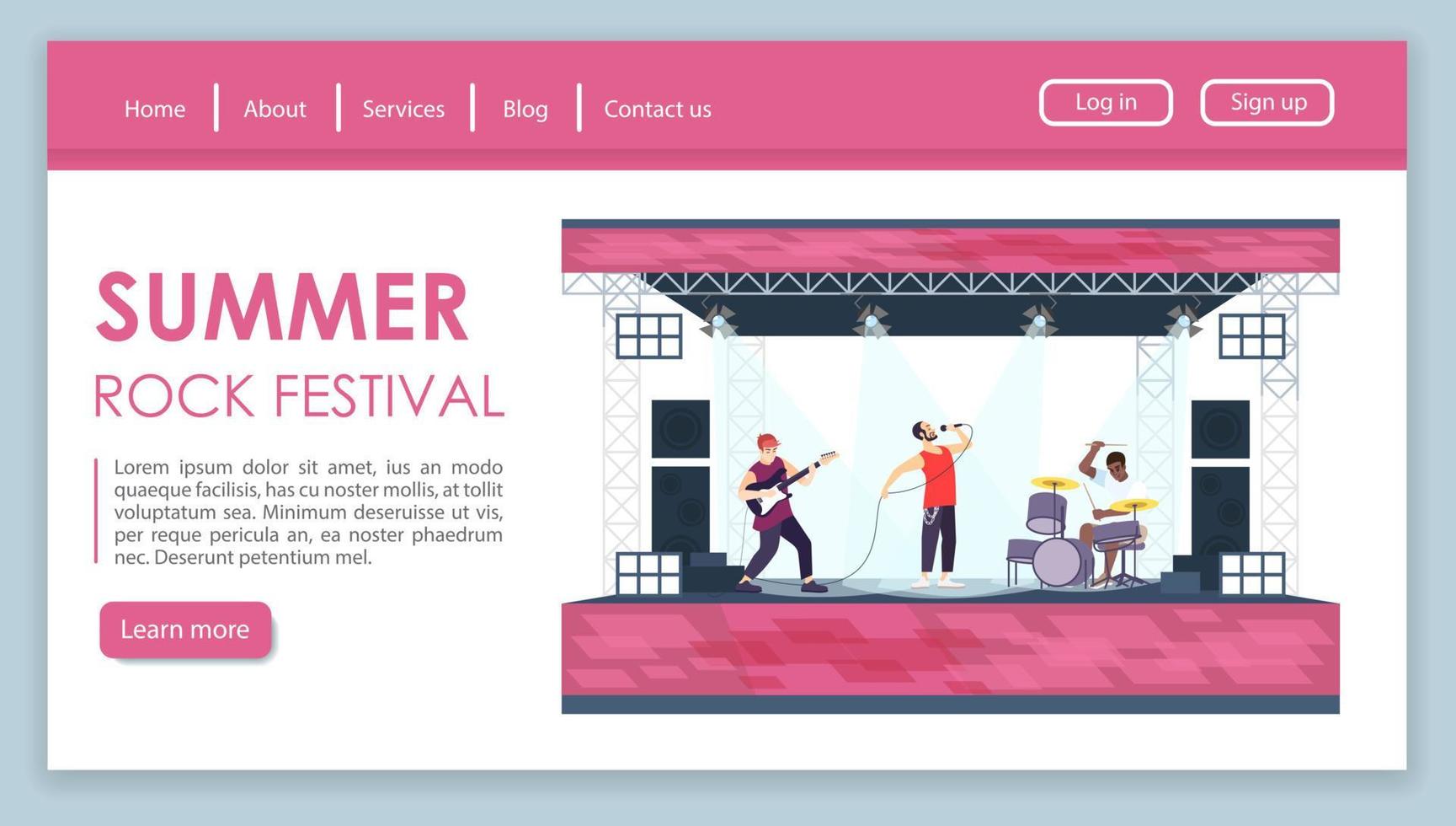 zomer rock festival bestemmingspagina vector sjabloon. openluchtconcert website-interface idee met platte illustraties. lay-out van de startpagina van muziekfeesten. outdoor rockfest webbanner, webpagina cartoon concept