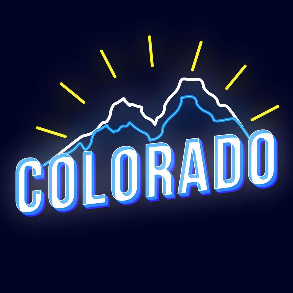 Colorado vintage 3D-vector belettering. retro vet lettertype, lettertype. popart gestileerde tekst. neonlichtletters in oude schoolstijl. Jaren '90, '80 poster, spandoek. donkerblauwe kleur achtergrond met bergen vector