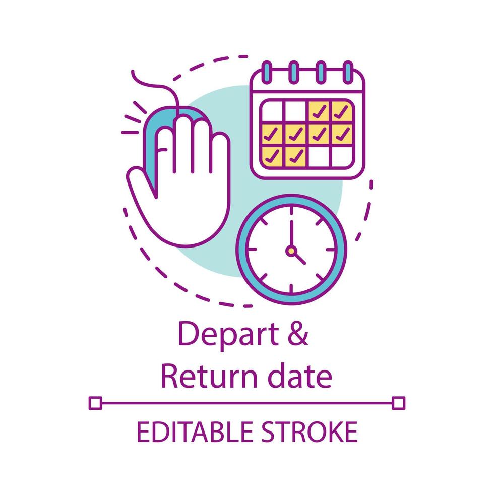 vertrek en terugkeer datum concept icoon. vluchtschema's en dienstregelingen idee dunne lijnillustratie. Met het vliegtuig reizen. luchtvervoersdiensten. vector geïsoleerde overzichtstekening. bewerkbare streek
