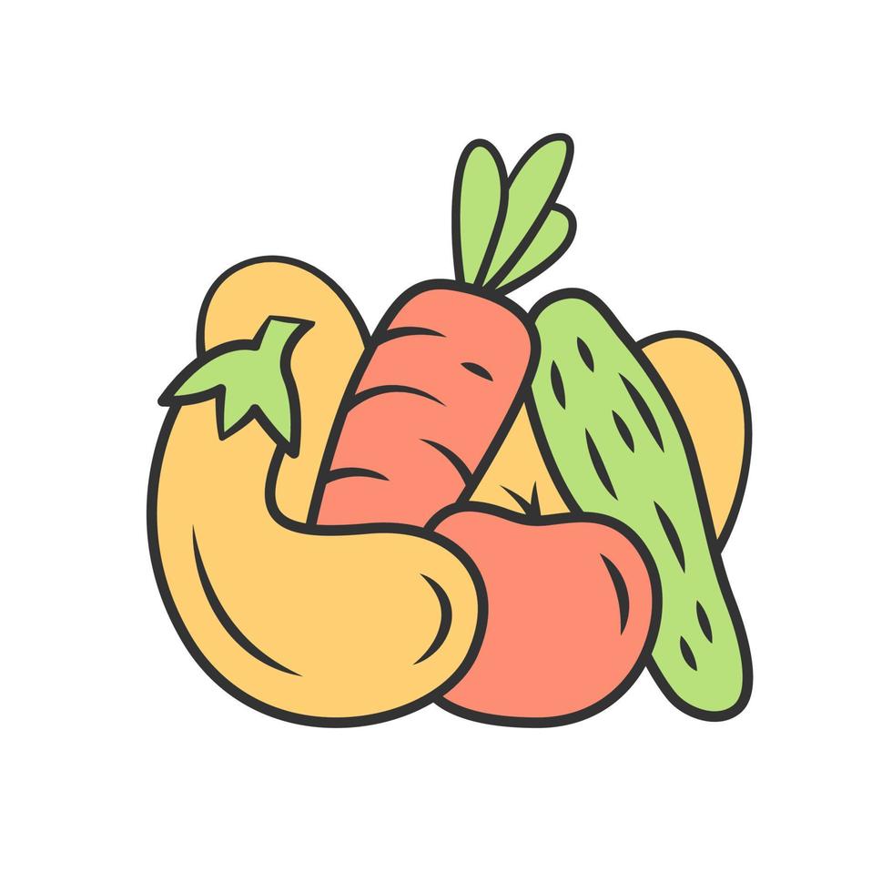 groenten kleur icoon. komkommer, tomaat, wortel, aubergine. gezond voedingsingrediënt. vitamine en voeding. vegetarisch, veganistisch eten. landbouw planten. geïsoleerde vectorillustratie vector