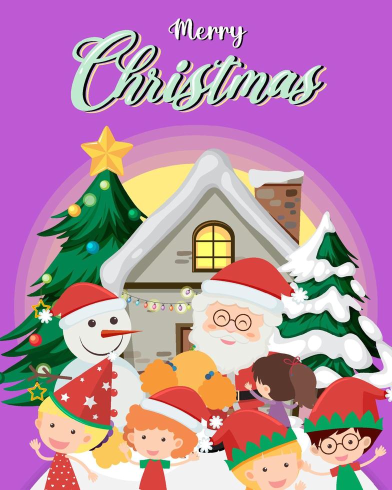 merry christmas poster sjabloon met de kerstman en kinderen vector