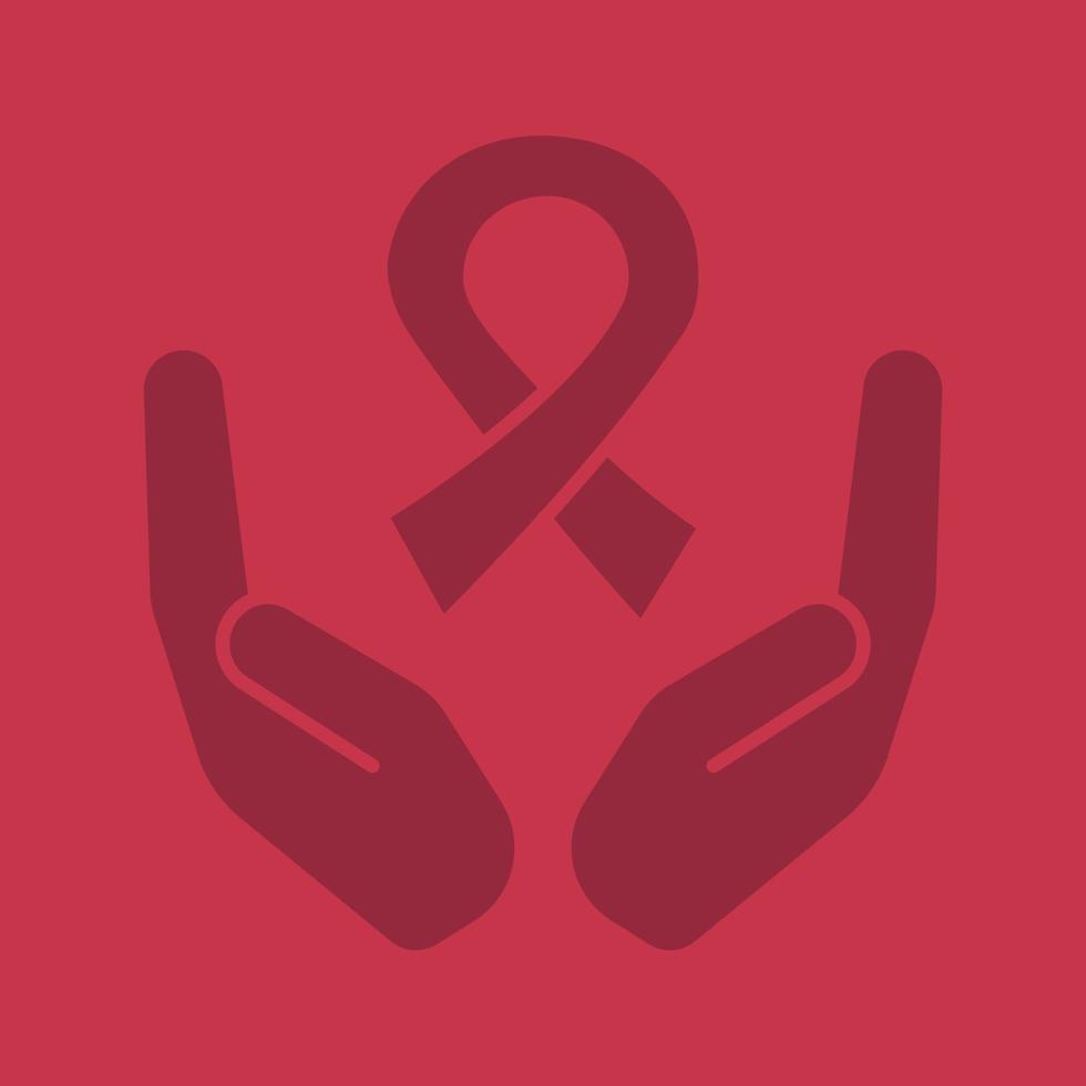 open handpalmen met anti hiv lint glyph kleur icoon. strijd tegen aids. silhouet symbool. negatieve ruimte. vector geïsoleerde illustratie