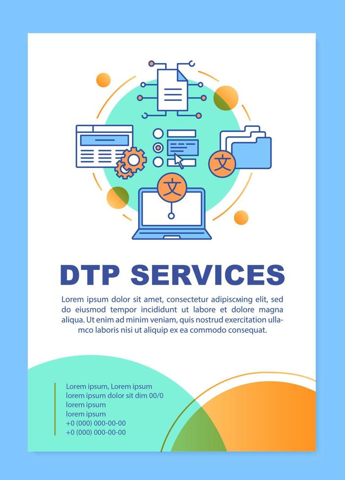 dtp-services brochure sjabloon lay-out. inhoud vertaling. flyer, boekje, folder printontwerp met lineaire illustraties. vectorpaginalay-outs voor tijdschriften, jaarverslagen, reclameposters vector