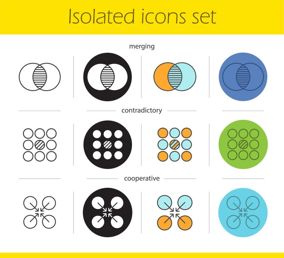 abstracte symbolen pictogrammen instellen. lineaire, zwarte en kleurstijlen. samenvoegende, tegenstrijdige, coöperatieve concepten. geïsoleerde vectorillustraties vector