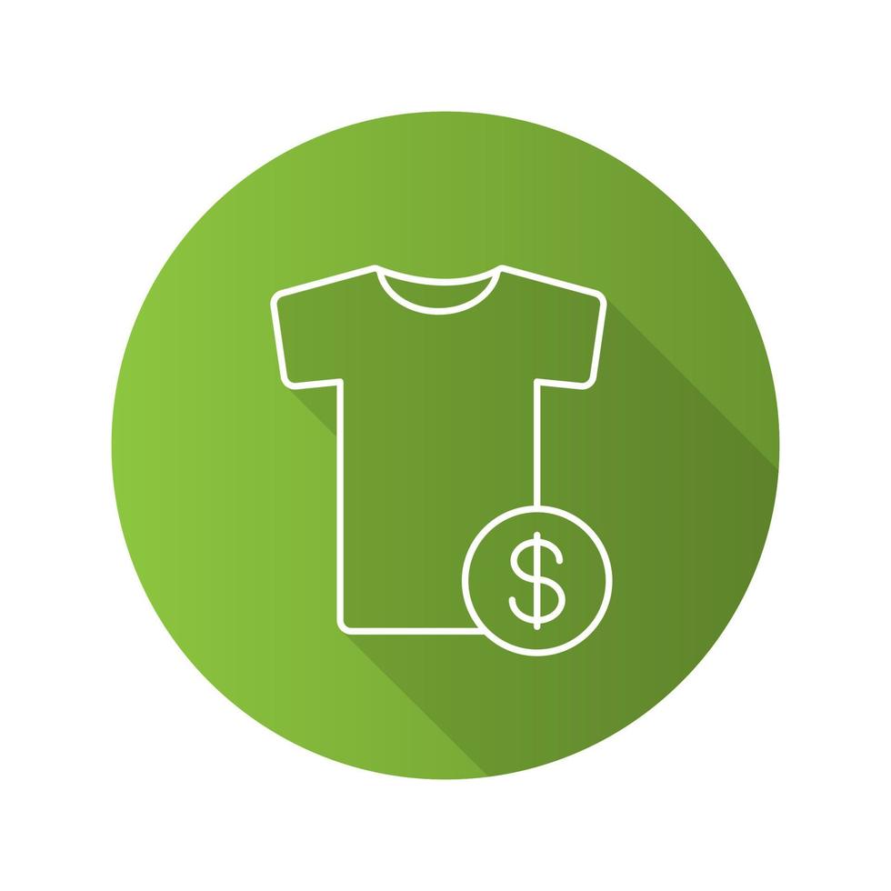 koop kleding plat lineair lange schaduw icoon. t-shirt met dollarteken. vector overzichtssymbool