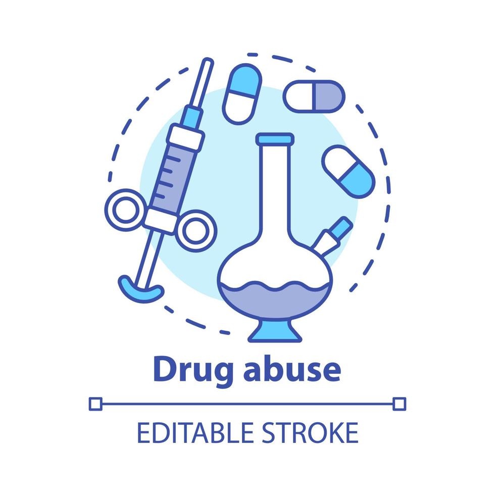 drugsmisbruik concept icoon. verdovende, opioïde verslaving idee dunne lijn illustratie. waterpijp, spuit en pillen. cocaïne, heroïne en marihuana. middelenmisbruik. vector geïsoleerde tekening. bewerkbare streek