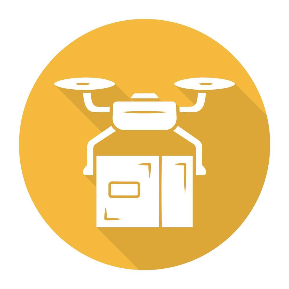 levering drone gele platte lange schaduw glyph pictogram. quadcopter die pakket vervoert. uav met kartonnen doos. autonome bezorging. onbemand luchtvaartuig en pakket. vector silhouet illustratie