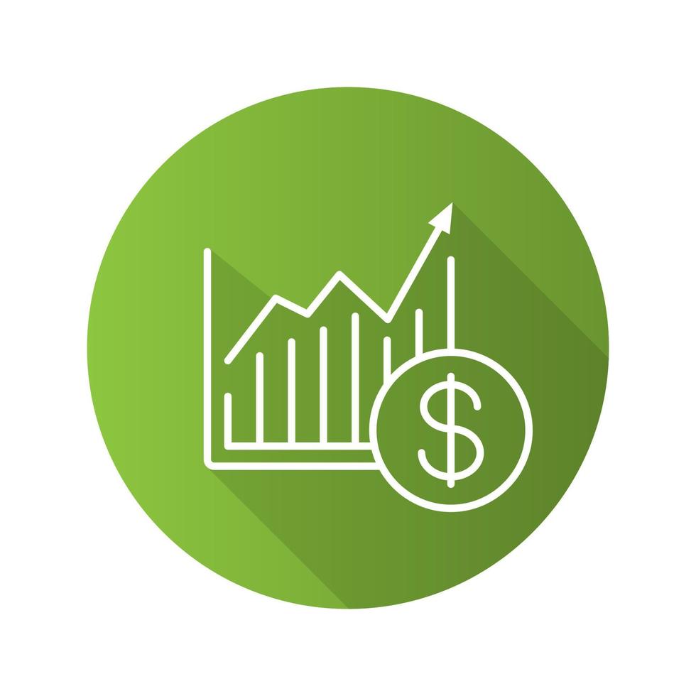 markt groei grafiek plat lineaire lange schaduw pictogram. statistieken diagram met dollarteken. vector overzichtssymbool