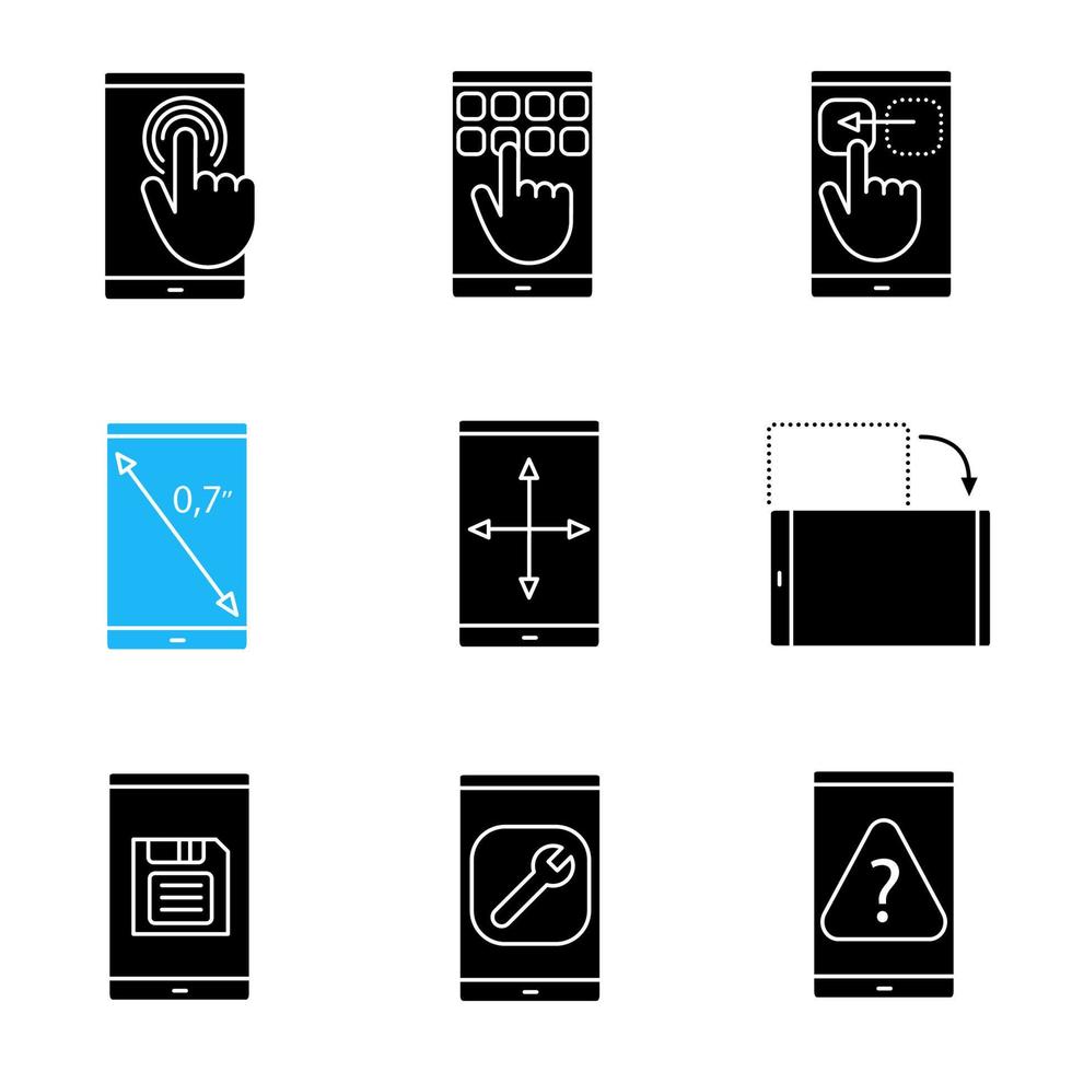 smartphone glyph pictogrammen instellen. touchscreen, toetsenbord, sleepbeweging, weergaverotatie, inch-formaat, schermgrootte wijzigen, knop opslaan, instellingen, faq. silhouet symbolen. vector geïsoleerde illustratie