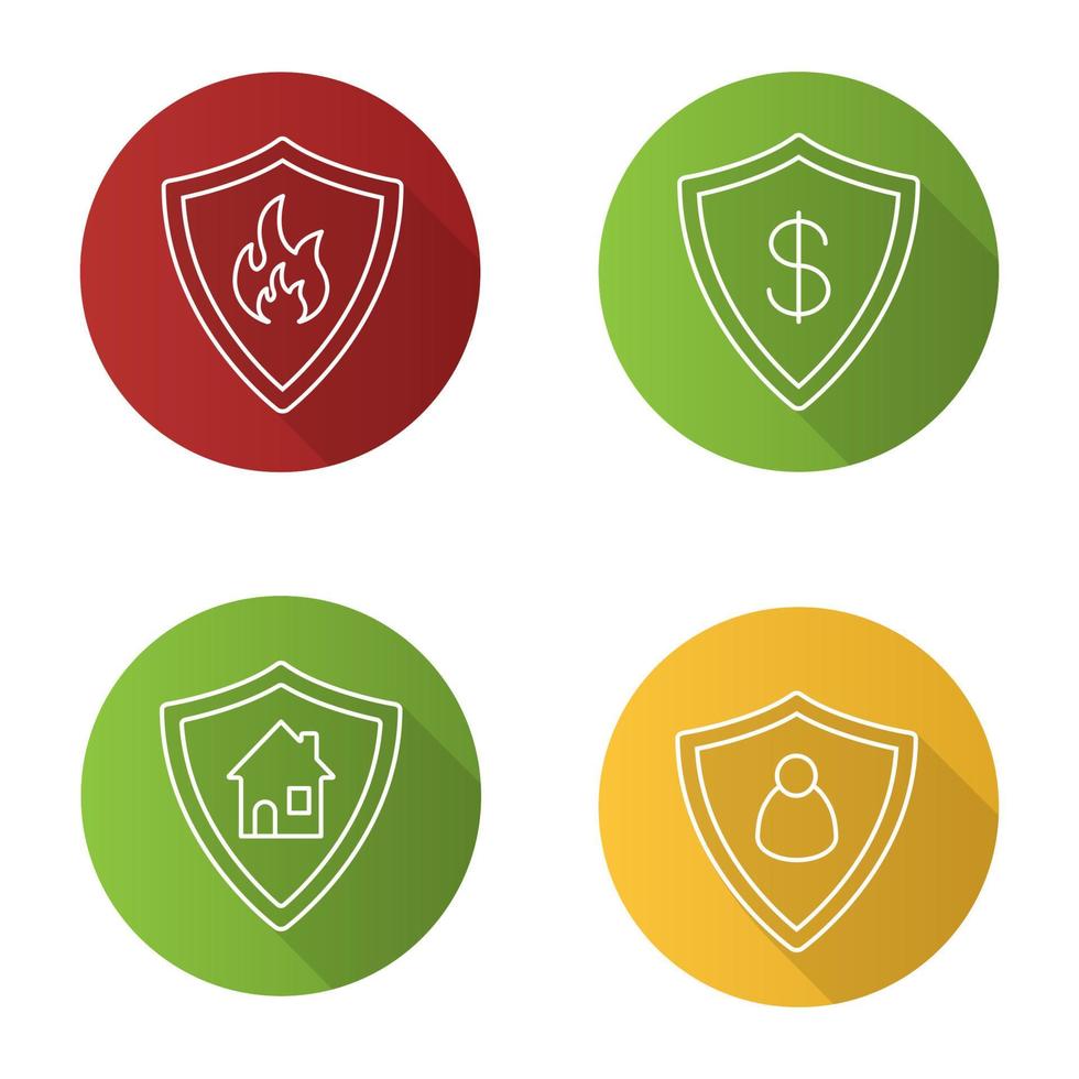 bescherming schilden vlakke lineaire lange schaduw iconen set. bankrekening, onroerend goed, persoonlijke veiligheid. brandweer badge. vector overzicht illustratie